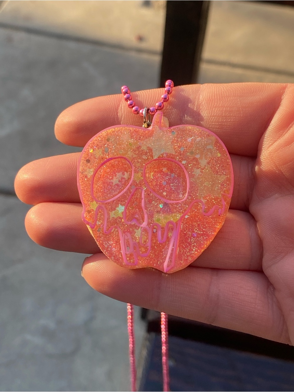 Pink Snow White Poison Apple Skull Pendant Necklace Playful Sparkle stars